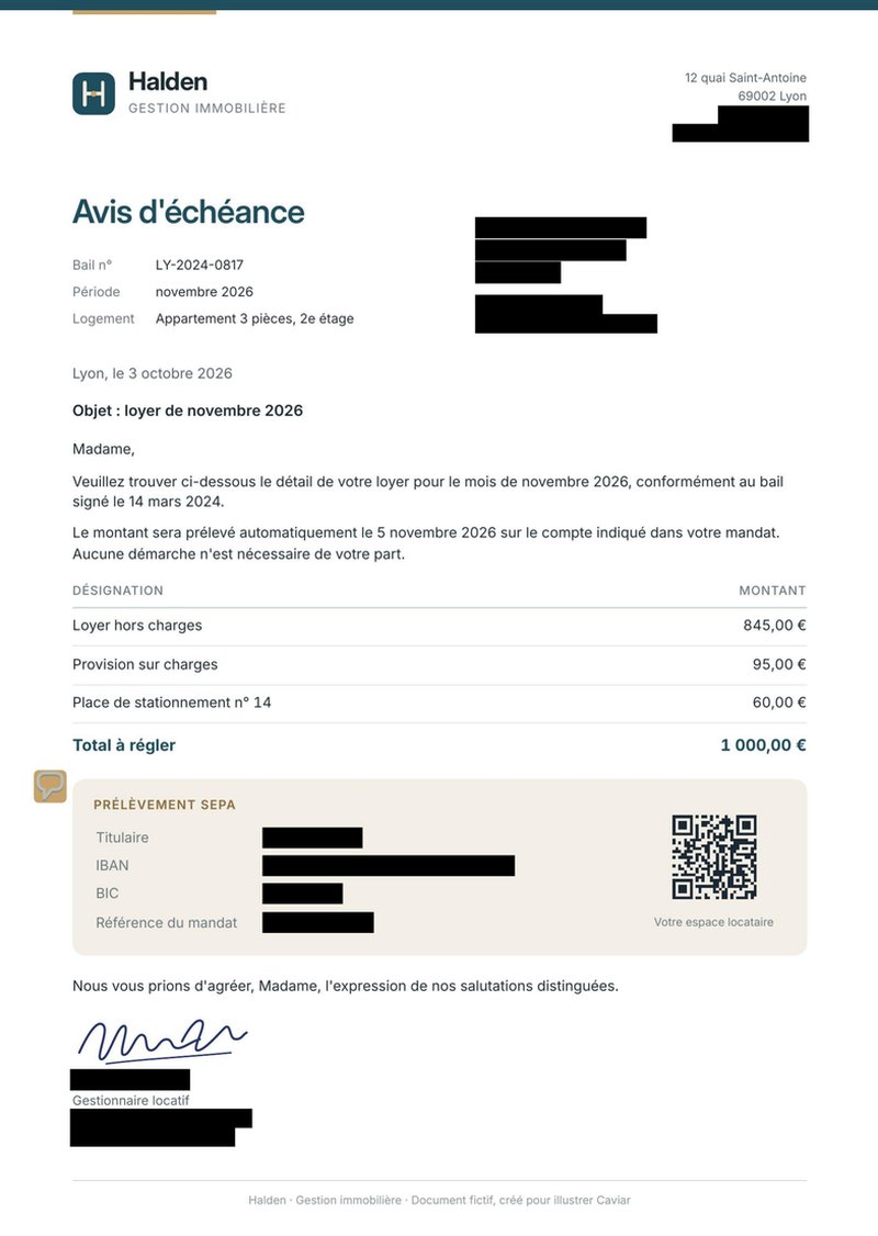 The same document after Caviar: personal data replaced by black areas.