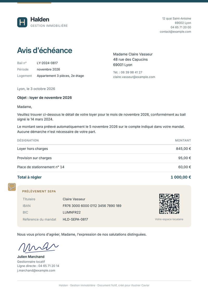 Un avis d'échéance fictif avec nom, adresse, téléphone, IBAN et signature lisibles.